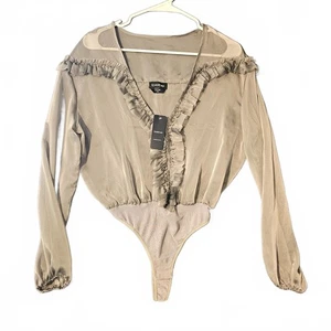 NEW Bebe XXS Ruffle Plunge Bodysuit Sexy Long Sleeve Thong See Through Coquette - Picture 1 of 12