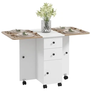 HOMCOM Folding Dining Table, Drop Leaf Table With Drawers Oak and White - Picture 1 of 11