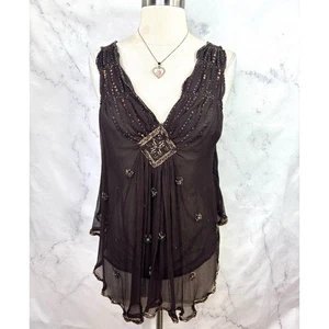 Vintage y2k Babydoll Perlen Bluse Top 100% Seide L Fairygrunge Whimsigoth 00er braun - Bild 1 von 24
