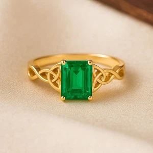 Lab Grown Emerald Filigree Band in Solid 14K Gold May Birthstone Women Ring#1017 - Picture 1 of 19