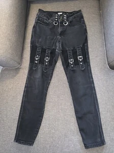 Hot Topic Denim Jeans 3 ~ High Rise Super Skinny Stretch Black Buckles Goth Punk - Picture 1 of 5