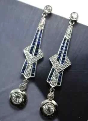 Art Deco Style Drop Dangle Lab Created Diamond 14K White Gold Finish Earrings - Image 1 of 4