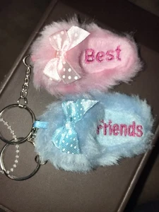 "BEST FRIENDS" FURRY SLIPPER KEY RING SET TO SHARE! PINK/BLUE SUPER CUTE!! - Picture 1 of 4