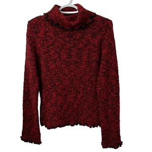 Ellemenno Womens L Red Black Marble Pullover Turtleneck Sweater Ruffle Trim - Picture 1 of 7