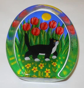 Iittala Martti Lehto Glass Card Black Cat And Red Tulips Finland  - Picture 1 of 1