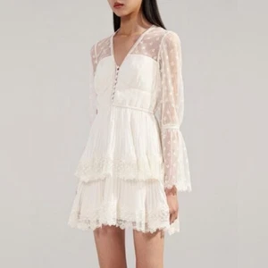NEW Self-Portrait Chiffon Lace Tiered Mini Dress White Ivory | size UK 8 / US 4 - Picture 1 of 16