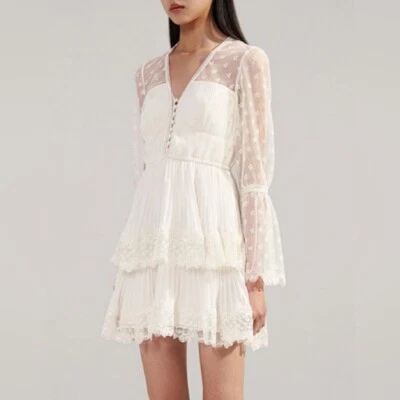 NUEVO Mini Vestido Autorretrato de Gasa Encaje en Niveles Blanco Marfil | Talla UK 8 / US 4 Foto 1 de 4