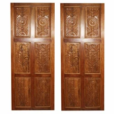 Pair of Reclaimed Antique Interior Door Artisan Carved Teak Wood Door Panel