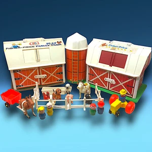 Vtg 1967 & 1986 Little People Family Farm & Silo 2 Barns 24 Pcs Horses Cow Pigs - Picture 1 of 12