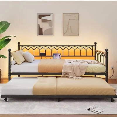 Daybed with Trundle,Twin Size Day Bed Frame with Charging Station & LED Lights - Image 1 of 4