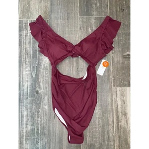 Charmo Women's Burgundy Ruffle Sleeve One-Piece Swimsuit UPF 50+ XL - Picture 1 of 4