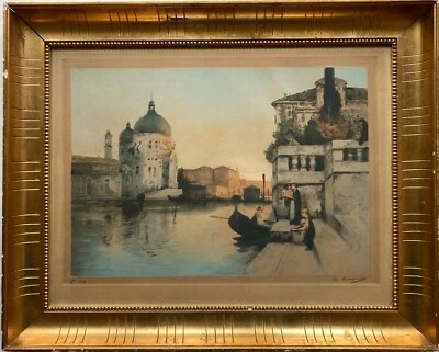 Aquatinta Radierung signiert Venedig Personen am Kanal Antik Bilderrahmen Gold - Bild 1 von 4