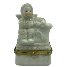 Vintage Snow Baby Angel Trinket Box Gold Trim Hinged 2.5" x 1.5" x 4" Sparkle