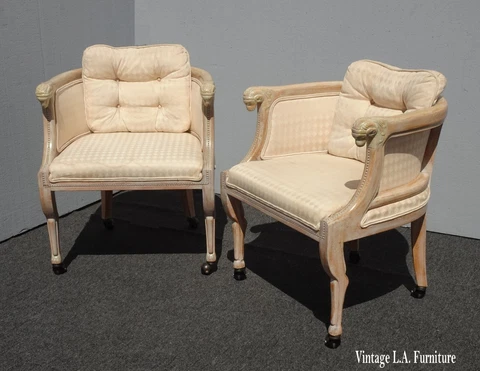 Pair Mid Century Rams Head Club Chairs on Castors with Rams Legs Hoof Feet Cover
