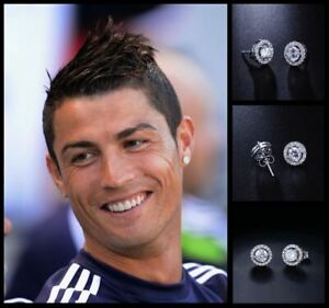 Men’s Boy’s Ronaldo 10mm Round 18k White Gold Multi-Diamond Crystal Earrings