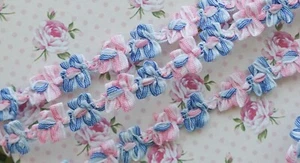 ~ Vintage French Rococo Rosette Floral Bow Ribbon Trim  Pink & Blue 7/8"  BTY ~ - Picture 1 of 3