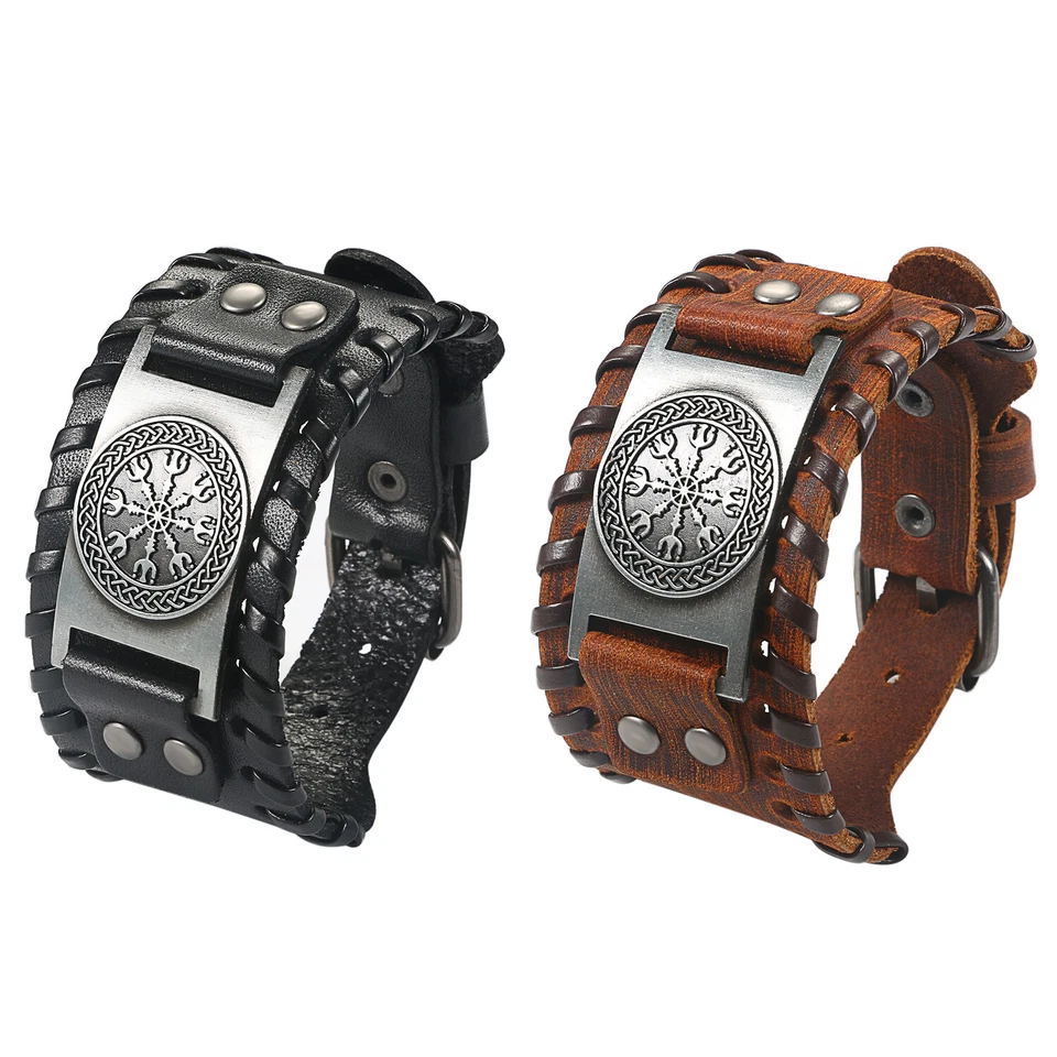 Men's Wide Leather Bracelet Nordic Runes Compass Celtic Pagan Amulet Bangle Cuff - Image 1 of 1