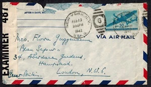 WWII England 1942 Censor Cover w/ Tape 487 Type 1C NYC to London - Picture 1 of 1