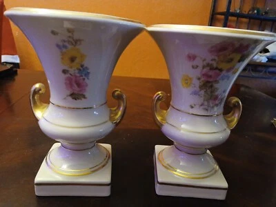 Set Of VINTAGE Floral Vases GOLD Trim GOLD Handles #101 Floral Design Both Sides - Image 1 of 4