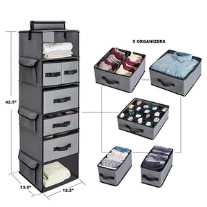 Hanging Shelves Closet Organizers in 6-tiers / 5-drawer Gray Non-woven Fabric * - Picture 1 of 10