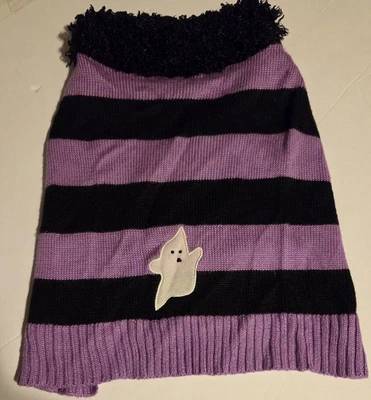 Suéter Tejido Halloween Fantasma Rayas Púrpura y Negro Perro Mascota Cuello Difuso Mediano Foto 1 de 4