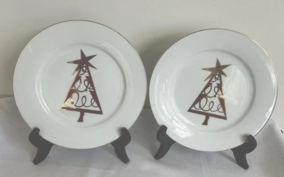 Pier 1 Christmas Tree Plates 7.5” Set Of 2 Gold Trim Holiday - Image 1 of 4