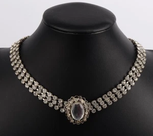 Vintage Rhinestone Choker Necklace – Clear Crystal with Oval Center Stone 15" - Picture 1 of 9