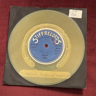 DEVO - Be Stiff - TRANSLUCENT YELLOW 7" Vinyl Single - 1979 Stiff Records - Image 1 of 3