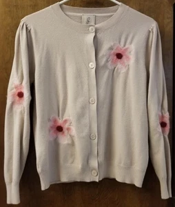 Sioni Womens Cardigan Sweater Button Womens M Beige Pink Blossoms  - Picture 1 of 12