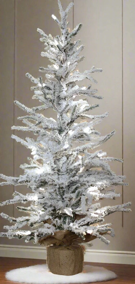 Primitive Rustic 36" Christmas Snowy Pine Tree Burlap Base Pre Lit - Image 1 of 3