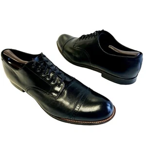 Vtg 60's Stacy Adams Men BLACK Leather DRESS Shoe GOAT SKIN CAP TOE Oxfords 12 D - Picture 1 of 7