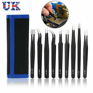 9x Coated Precision Anti-static Tweezers Stainless Steel Electronic Tool Set ESD