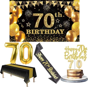 70Th Birthday Decorations Men Women with 70Th Birthday Banner, Black and Gold Ta - Picture 1 of 12