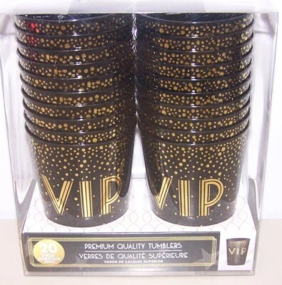 20 piece VIP Premium Quality Plastic Tumblers 10oz. Amscan Black & Gold - Image 1 of 4