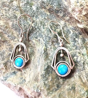 Серьги ручной работы из натуральной бирюзы, чистого серебра с французской проволокой, длина 1 1/2 дюйма - Изображение 1 из 3