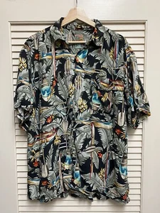 Everest Collections Hawaiian Shirt Mens Large Black Canoe Palm Leaves Tropical - Picture 1 of 9