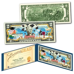 HAPPY GRADUATION 2020 Legal Tender US $2 Bill w/ Diploma Style Certificate - Picture 1 of 3
