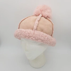 Pink Sherpa Winter Beanie Hat Faux Suede Leather Pom Pom Warm Cute - Picture 1 of 8