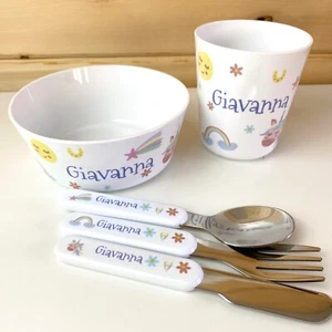 Personalised Children's Dinner Set with Unicorns - Bowl / Cup / Cutlery for Kids - Picture 1 of 9