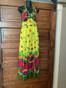 Vintage 60s 70s Barkcloth Halter Dress S Psychedelic Geo Maxi Sundress Tieback S - Picture 1 of 8