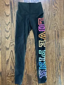 Victoria's Secret LOVE PINK Yoga Black Leggings Rainbow Letter Logo Spellout XS - Picture 1 of 7