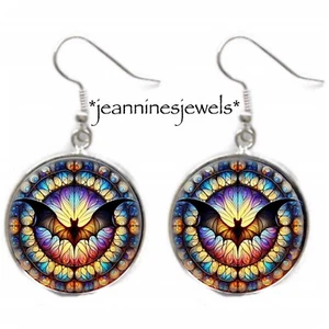 Vampire Bat Charm Earrings Gothic Faux Stained Glass Art Print Silver Dangle - Picture 1 of 14