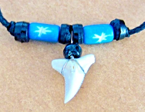 REAL SHARK TOOTH PENDANT CORD NECKLACE WHITE TEETH BLUE WOOD BEADS BOY MEN WOMEN - Picture 1 of 4
