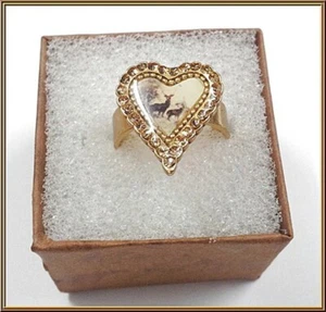 NEU PILGER GOLD RING KRISTALLE EMAILLE HERZ HIRSCH MALEREI VERSTELLBARE BANDGRÖSSE - Bild 1 von 1