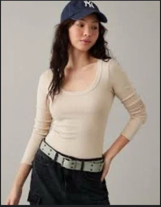 NUEVO CON ETIQUETAS AE American Eagle Mujer Grande Beige Acanalado Manga Larga Scoop Body Top L - Imagen 1 de 17