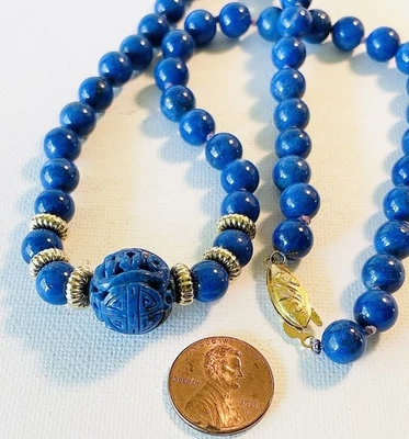 Quality Knotted Lapis Carved Bead Necklace Gold Over Silver Safety Clasp - Image 1 of 4