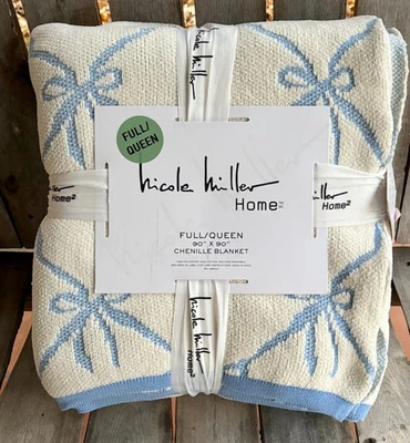 Nicole Miller Home Full/Queen 90"×90" Chenille Off White Blue Bows Blanket - Image 1 of 4