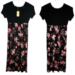 Haomeili Maxi Dress Short Sleeve Pockets Black Rose XXL Stretch New - Picture 1 of 13