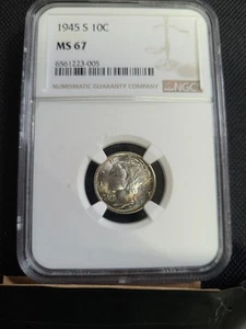 1945-S NGC MS67 SILVER MERCURY DIME RAINBOW TONING🌈 ELECTRIC BLUE-GREEN - Picture 1 of 5