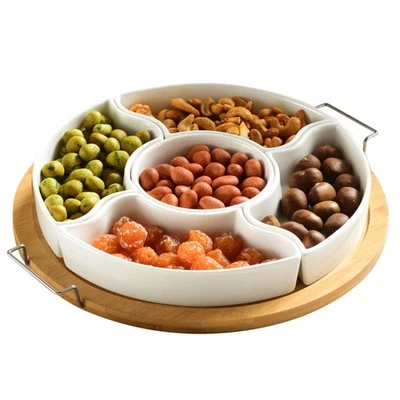 11 Inch Ceramic Divided Serving Dishes with Bamboo Platter, Appetizer Tray 5 ... - Image 1 of 4